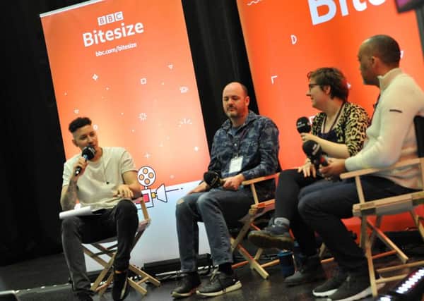BBC Radio 1xtra presenter Nick Bright, left, with panelists Steve Mayers, Amy Leach and Darren Yeomans, during a BBC Bitesize Careers Roadshow, held at Mortimer Community College, South Shields.
