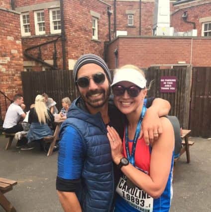 Caroline Raynal with partner Olivier after completing the Great North Run