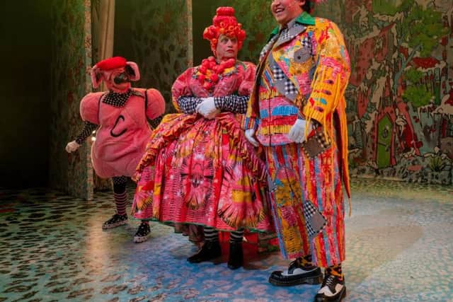 Charlie Raine as Cutlet, Ray Spencer as Dame Bella and David John Hopper as Arbuthnot in Beauty and the Beast.