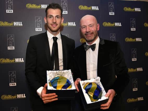 Martin Dubravka with Newcastle legend Alan Shearer after winning the North East Football Writers Association Player of the Year for 2018.