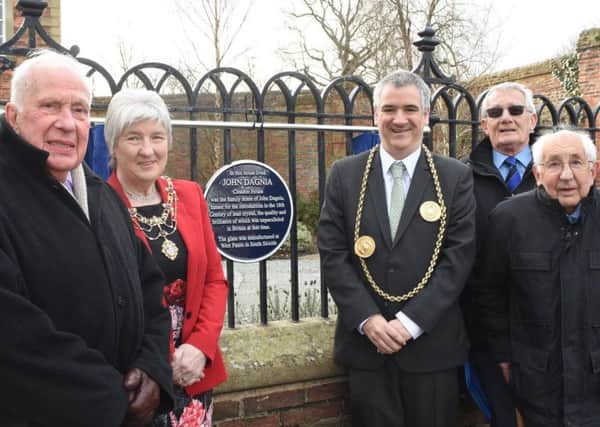 The Mayor and Mayoress are pictured with Brian Bage, Allan Bailey and John Robinson of the Cleadon Village History Society as a blue plaque is unveiled to glass manufacturer and house builder John Dagnia.