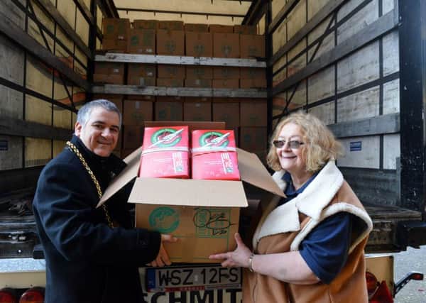 Operation Christmas Child shoebox orgainser Carol Hall and South Tyneside Mayor, Coun Ken Stephenson with last box