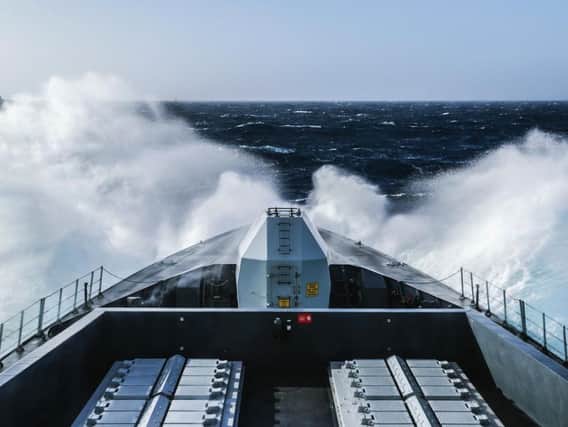 The bow of HMS Defender. Picture issued by the Royal Navy