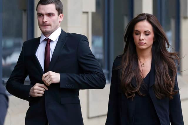 Adam Johnson arrives at court with then-partner Stacey Flounders during his trial. She has told how she had an abortion after he was arrested for sexual activity with a teenage fan. Pic: Owen Humphreys/PA Wire.