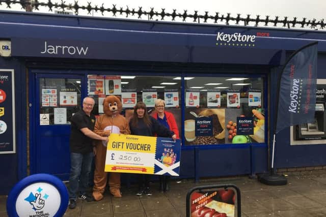 Jarrow Keystore More owners Barrie and Tracy, with Big Ted from the TLC scheme and Jeanette Gordon, sales and development representative for Filshill.