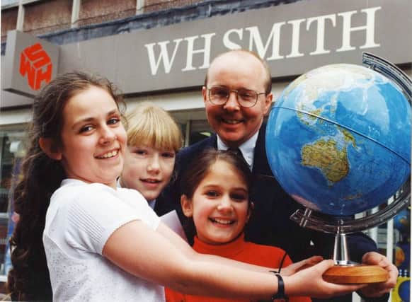 Comic Relief Red Nose Day  March 1995. Winners of a Red Nose poetry competition organised by WH Smith.  Collecting their trophies from WH Smith manager Ian Hudspith are Rachel Smith, Michelle Shotton and Clare Alaige.