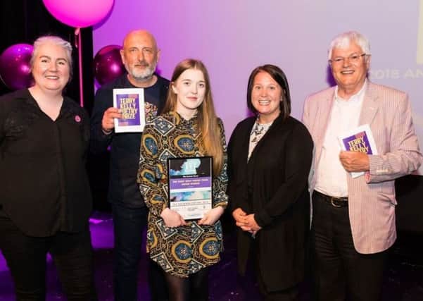 Elizabeth Kane, learning officer at The Customs House;  judge Alistair
Robinson; Over 16 winner  Lauren Aspery;  Heather McDonald from the Scottish Power Foundation, and  Tom Kelly. Photo by Billy Amann.