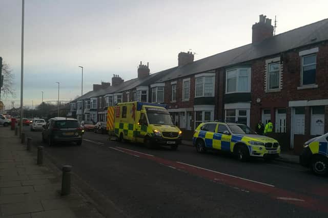 Police cars and an ambulance in Boldon Lane, South Shields.