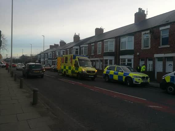 Police cars and an ambulance in Boldon Lane, South Shields.
