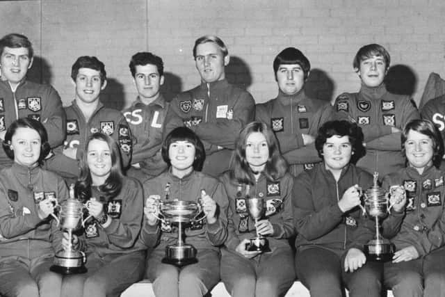 South Shields Volunteer Lifeguard Club,  winning the Northumbria Trophy, the Powell Trophy. Hearn Cup and the Andromeda Cup.  Back row, left to right:  C Matthews, A Street, J Beecroft, I Muir, N Buzzard, J Layfield and D Swinburn, reserve. Front left to right:  P Bennett, G Rowland, J Dagleish, N Thornborrow, A M Owens, A Beecroft. The picture was taken in  October 1969.