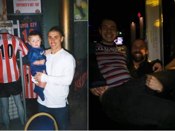 Bradley Logan pictured as a baby, and now, with SAFC legend Kevin Phillips.