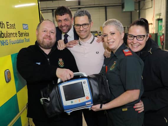 Call handler Gary Mayne, bystander Damon Devine, patient Raymond Honour, rapid response paramedic Clare Edmonds and other bystander Heather Huntley.