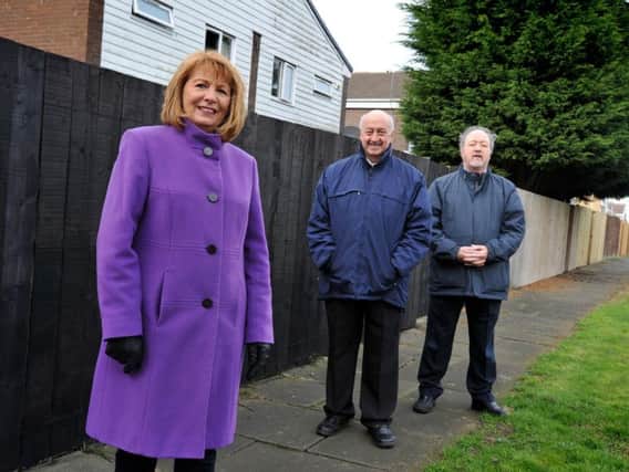 Cleadon Park ward members, Councillors Susan Traynor, Alex Donaldson and Jim Foreman in Bonsall Court, South Shields.