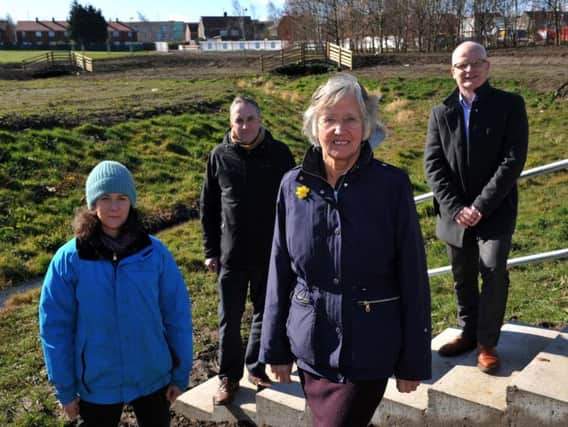 Monkton Flood Alleviation Scheme partners (from left): Liz Walters (Tyne Rivers Trust); Paul Knight (Royal Haskoning); Coun Nancy Maxwell and Stephen Semple (Balfour Beatty).