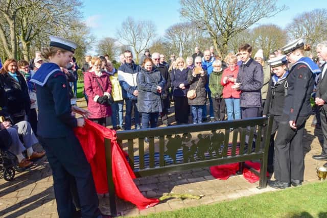 The  war memorial bench and plaque that was unveiled at a service at Hebburn Cemetery on Sunday. Unveiling of the Memorial Bench by local Sea cadets and Coun. Adam Ellison (4th from right)