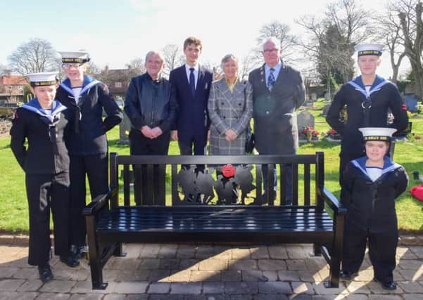 The  war memorial bench and plaque that was unveiled at a service at Hebburn Cemetery on Sunday. Local Sea Cadets with l-r John Sterwart Chairman Friends of Hebburn Cemetery, Councillors Adam Ellison, Nancy Maxwell and Richard Porthouse.