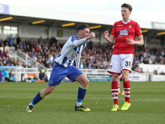 Hartlepool's Josh Hawkes celebrates scoring from the penalty spot against Wrexham.