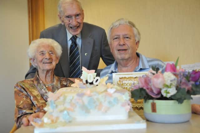 Celebrating her 100th birthday Doris Short, with her brother Denis Richardson and her son Peter Short.