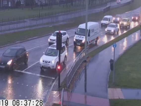 Traffic queuing on the John Reid Road junction with Leam Lane and Newcastle Road in Jarrow. Image from the @NELiveTraffic camera network.