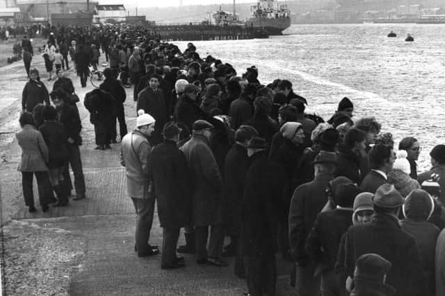 Crowds line the Groyne at South Shields in 1970 to watch the departure of the Esso Northumbria.