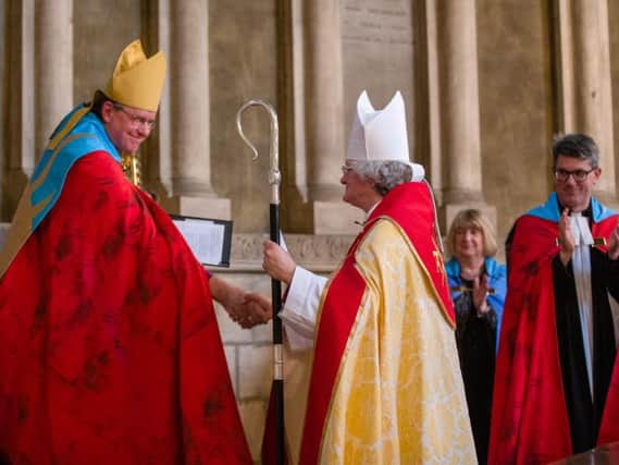 Bishop Sarah is welcomed by Bishop Paul to the Diocese and to the Cathedral Community. Picture By Keith Blundy.