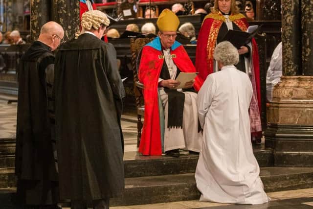Bishop Sarah is licensed for her work as Bishop of Jarrow by the Bishop of Durham. Picture by Keith Blundy.