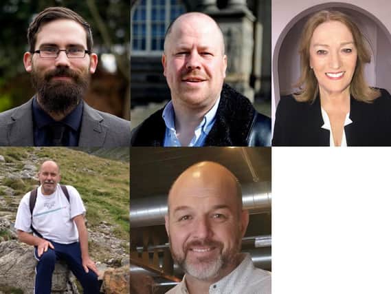 Clockwise from top left: Bevan Vaughan John de Villiers (Liberal Democrats), Colin Robert (Green Party), Sandra Duncan (Labour), Jason Diamond (Independent), Ian Armstrong (Conservative Party),