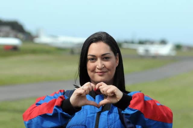 Gemma Lowery taking on a sponsored skydive to mark Bradley's birthday last year.