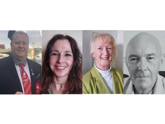 (l-r) Paul Dean (Labour), Lynn Smith (Liberal Democrats), Lesley Kay Hanson (Green Party), Paul James Milburn (Independent)