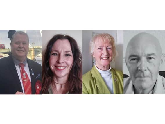 (l-r) Paul Dean (Labour), Lynn Smith (Liberal Democrats), Lesley Kay Hanson (Green Party), Paul James Milburn (Independent)