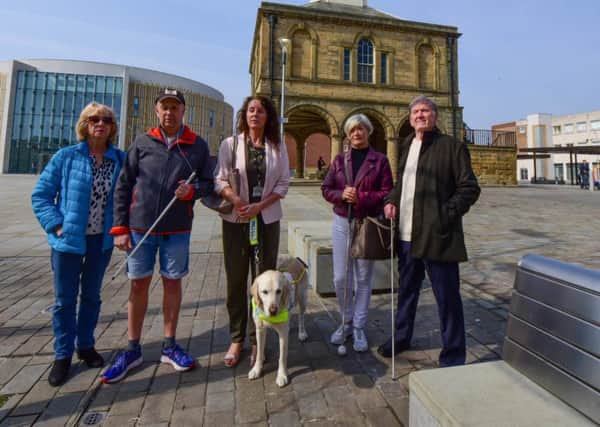 Sandra Nesbitt (2nd right)) and her blind friends Marion Stead l, Peter Bennetts , Linda Oliver of Guide Dogs for the Blind with 'Zoe',  and  Ivan Lunn chairman South Tynesude Visual Imparement Council at the Market Place, South Shields