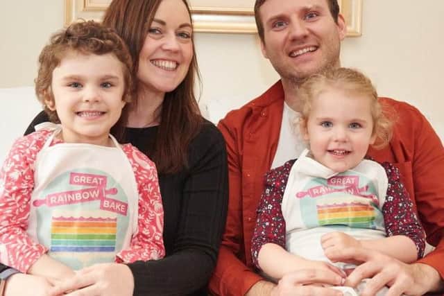 Phoebe Doneghan with parents Lauren and Tom and three-year-old sister Harriet.