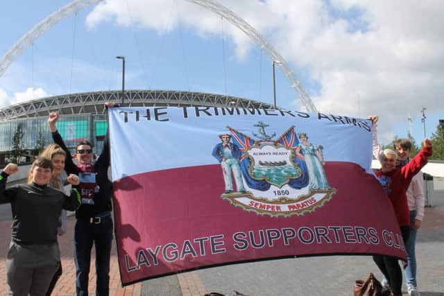 South Shields FC fans with their flags and banners at Wembley