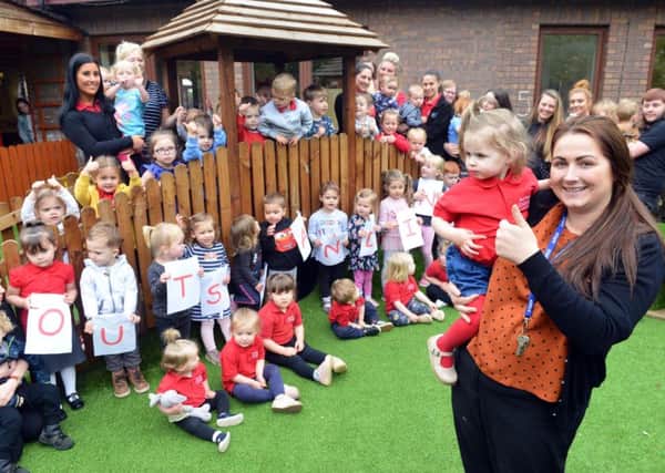Bede Burn Kindergarten in Jarrow celebrates its outstanding Ofsted report, with manager Courtney Gibb, front, with daughter Edie-Grace Ball, one.