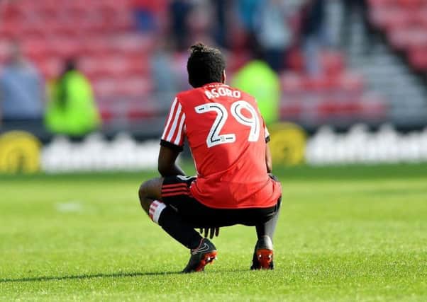 Joel Asoro despairs as Sunderland are relegated from the Championship.