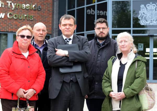Peter Watt (middle) Council Tax political stance outside South Tyneside Magistrates Court. From left, local election candidates Sue Stonehouse, Paul Milburn, Matthew Giles and Lesley Hanson