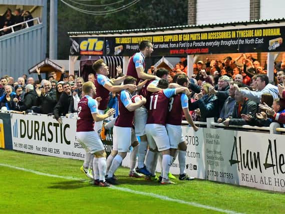 South Shields FC celebrate with fans after another dramatic night at Mariners Park. Picture via Kevin Wilson.