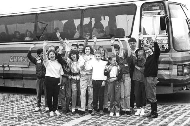 Pupils and teachers from Hedworthfield Comprehensive before leaving for their exchange trip to Wuppertal and Remscheid in Germany in  October 1987 .