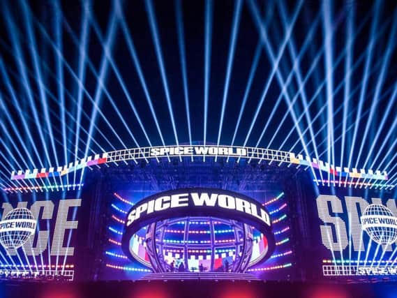 Andrew Timms' of a shot of the stage for the Spice Girls reunion tour, complete with large screens on either side and a large Spice World set piece in the centre of the stage, given to fans by Geri Horner, as the tour starts on Friday in Dublin. Photo by PA.