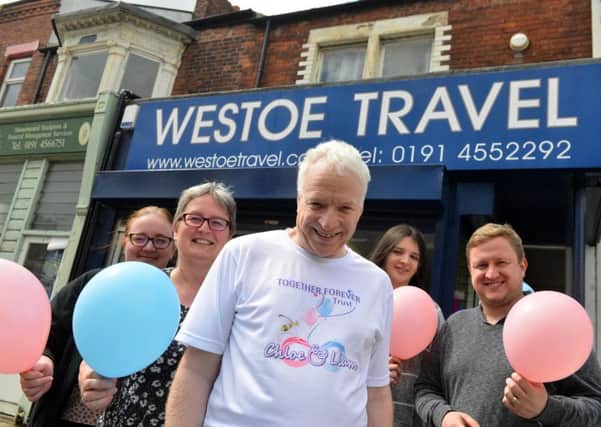 Westoe Travel pink and blue day to mark the second anniversary since Liam Curry and Chloe Rutherford sadly died.  (From left) Gillian Vogel, Joan Brett, Graeme Brett, Alice Appleby and Martin Brett.