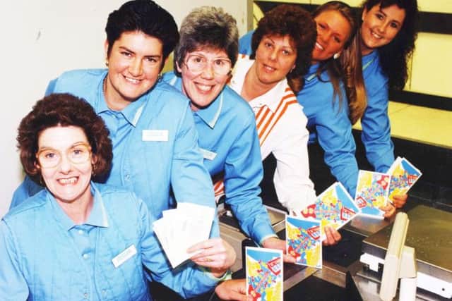 Asda staff from Ocean Road, South Shields store receiving awards for giving good customer service in  April 1994 . They are Tricia Heselton, Mandy Hutchinson, Norma Liddle, Sylvia Lamb, Tina Barker and Gillian Hensan.