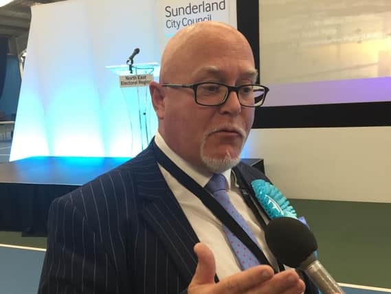 Newly elected MEP Brian Montieth talks about the Brexit Party's success at the European Parliamentary elections count for the North East in Sunderland. Picture by Tom Wilkinson/PA Wire
