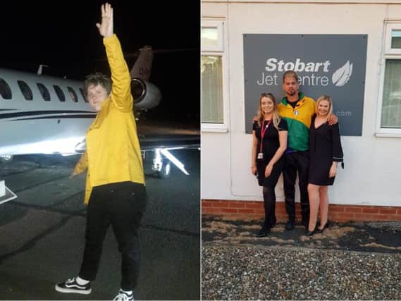 Lewis Capaldi poses in front of a jet, left, and MK gets a picture taken with airport staff.