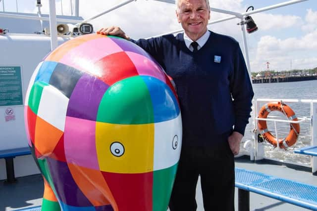 Elmer the Patchwork Elephants with Shields Ferry Skipper Chris McGuinness.