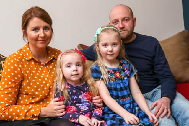 Harriott Coor, who suffers from Cystic Fibrosis. Her mother Emma Corr has been left devastated after Scotland has been given a wonder drug for people with CF. 
Emma has been fighting alongside others for it be made available in England. has CF. Also pictured are her big sister Nancy and dad Chris.