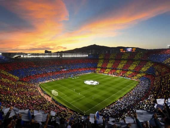 BARCELONA, SPAIN - MAY 01: (EDITORS NOTE: Images is a digital [panoramic] composite.) A general view of the tifo display before the UEFA Champions League Semi Final first leg match between Barcelona and Liverpool at the Nou Camp on May 01, 2019 in Barcelona, Spain. (Photo by Michael Regan/Getty Images)