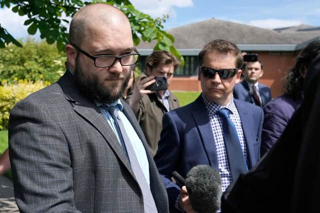 Paul Crowther, (left) who threw milkshake over Nigel Farage, leaves North Tyneside Magistrates' Court in North Shields where he has been ordered to pay the Brexit Party leader compensation following the "politically motivated" attack. Photo credit: Owen Humphreys/PA Wire