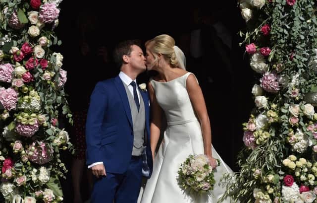 Newly married Declan Donnelly and Ali Astall after their wedding at St Michael's Church, Elswick, Newcastle.