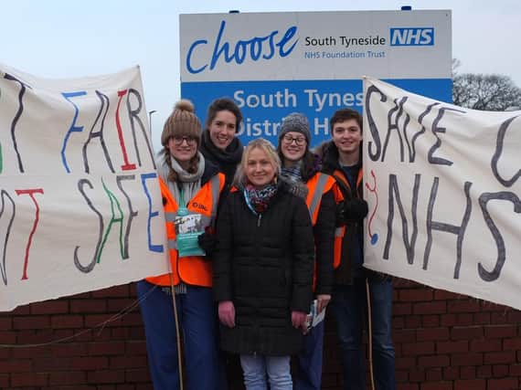 Striking medics outside South Tyneside District Hospital today. Photo: Tim Richardson.