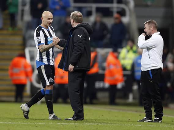 Jonjo Shelvey is congratulated by Steve McClaren after the 2-1 victory over West Ham
